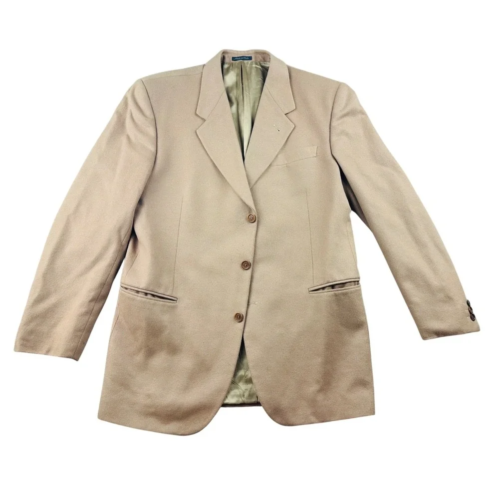 Vintage LEVETI Blazer Men 44R Tan Wool Cashmere Italy 3-Button Sport Coat Office